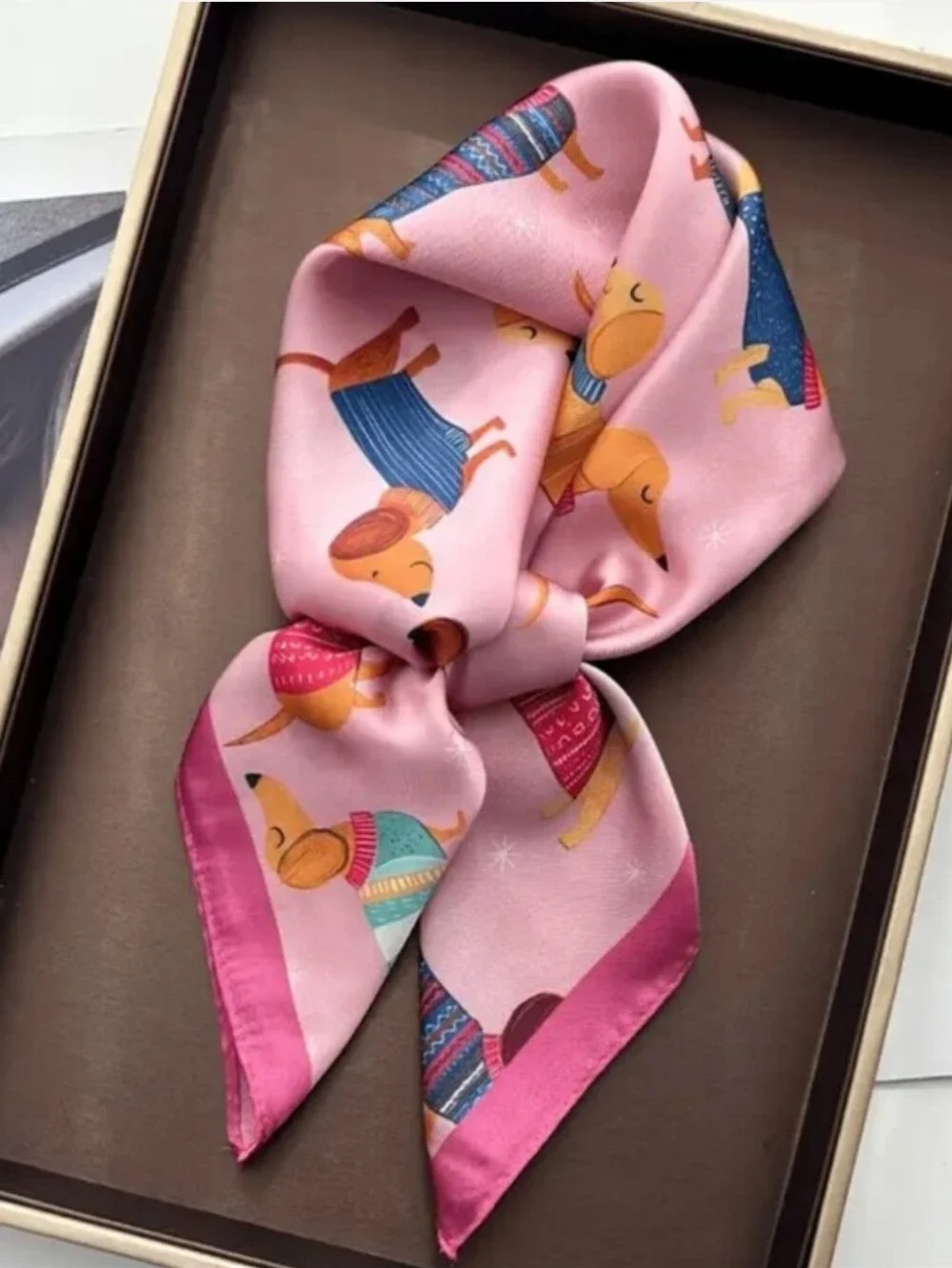 Silk-feel Pink Dachshund-Print Silk Scarf Head & Neck Scarf